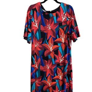 Tommy Bahama Red Tropical Lily Print Short Sleeve Dress L Tencel/Nylon Blend